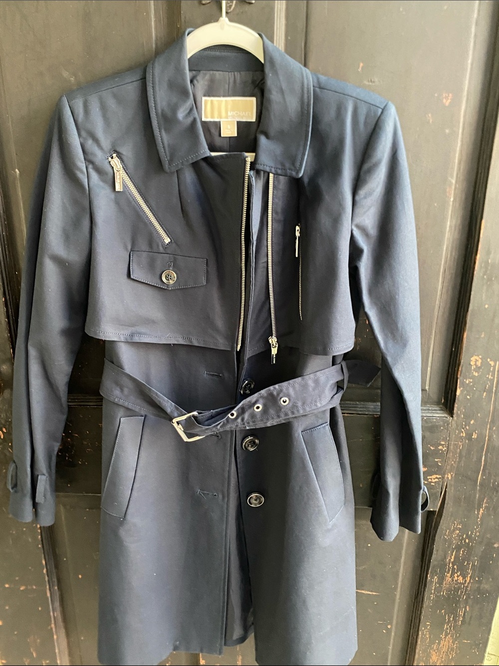 Michael Kors Navy Belted Trench Coat with Zip Details